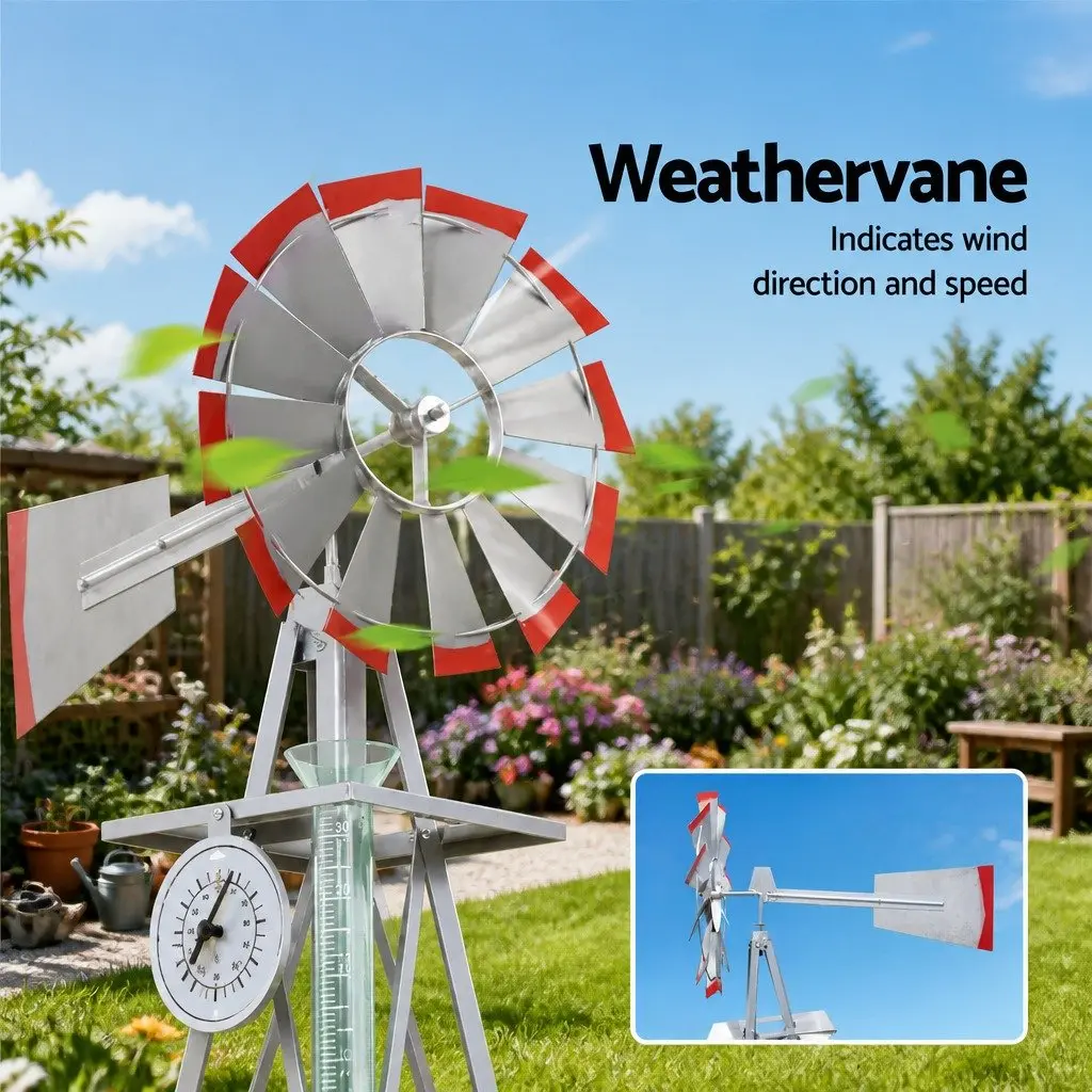 Garden Windmill Metal 8FT Grey with Red Trim Outdoor Ornamental Decoration Weathervane