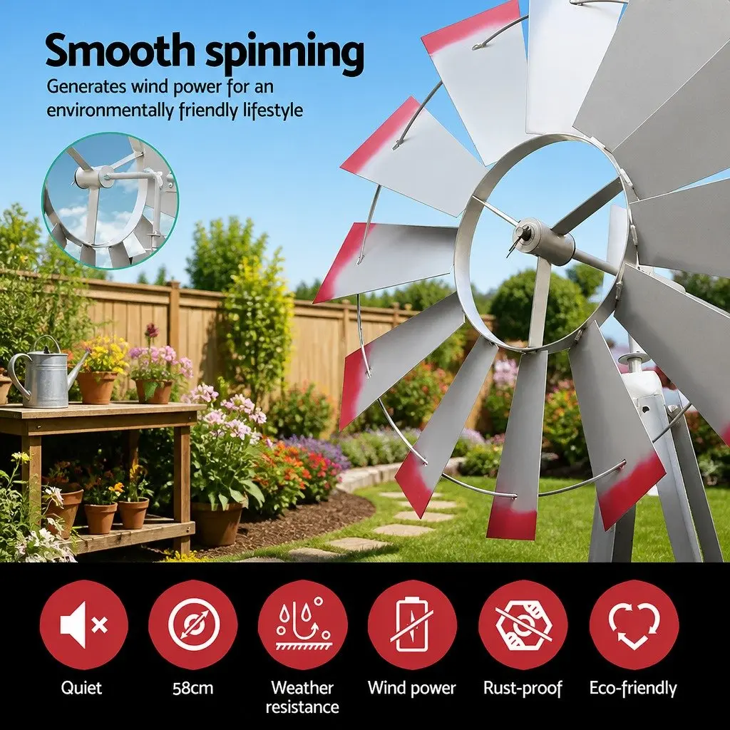 Garden Windmill Metal 8FT Grey with Red Trim Outdoor Ornamental Decoration Weathervane