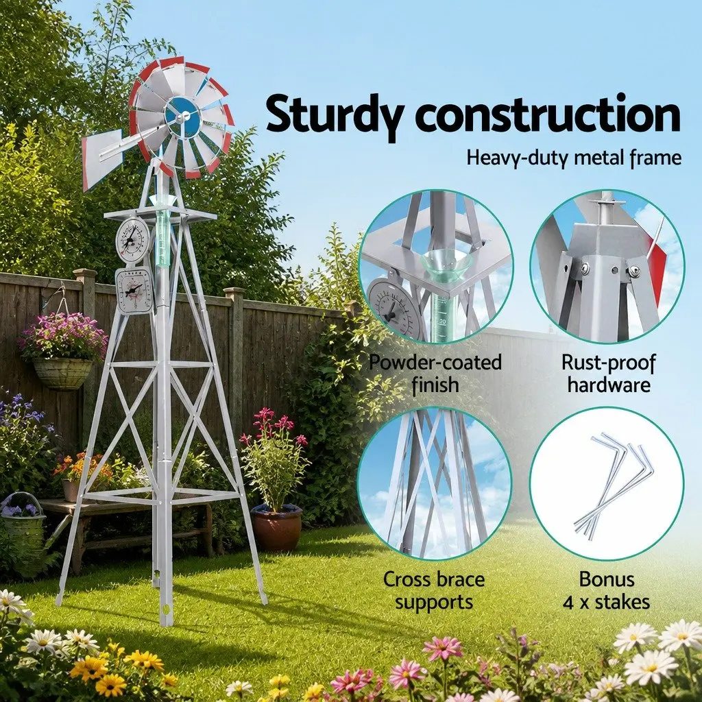 Garden Windmill Metal 8FT Grey with Red Trim Outdoor Ornamental Decoration Weathervane