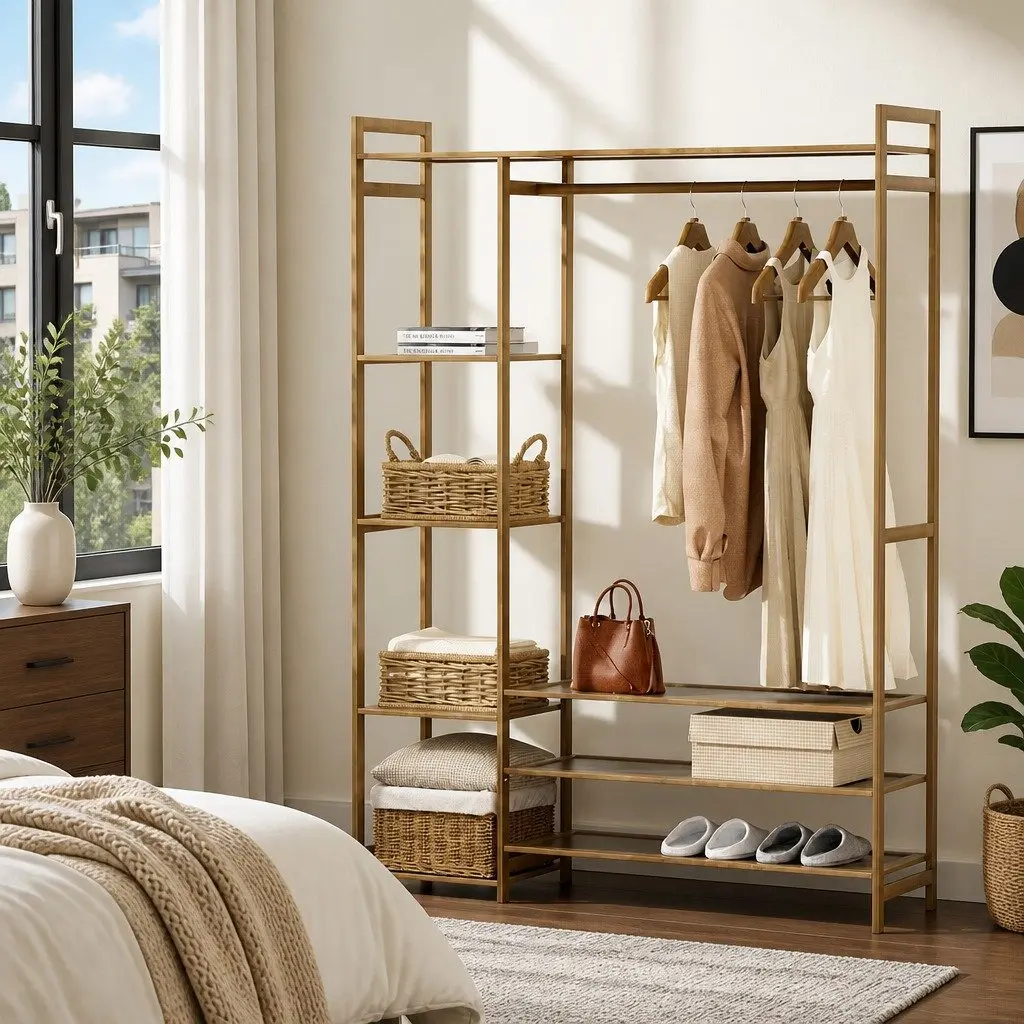 Garment Rack Bamboo Adjustable Shelves and Hanging Rail Coat Stand White 110cm x 30cm x 150cm