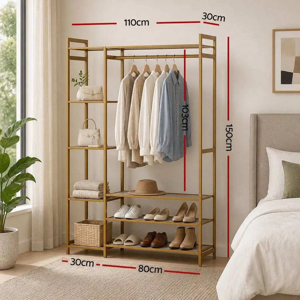 Garment Rack Bamboo Adjustable Shelves and Hanging Rail Coat Stand White 110cm x 30cm x 150cm