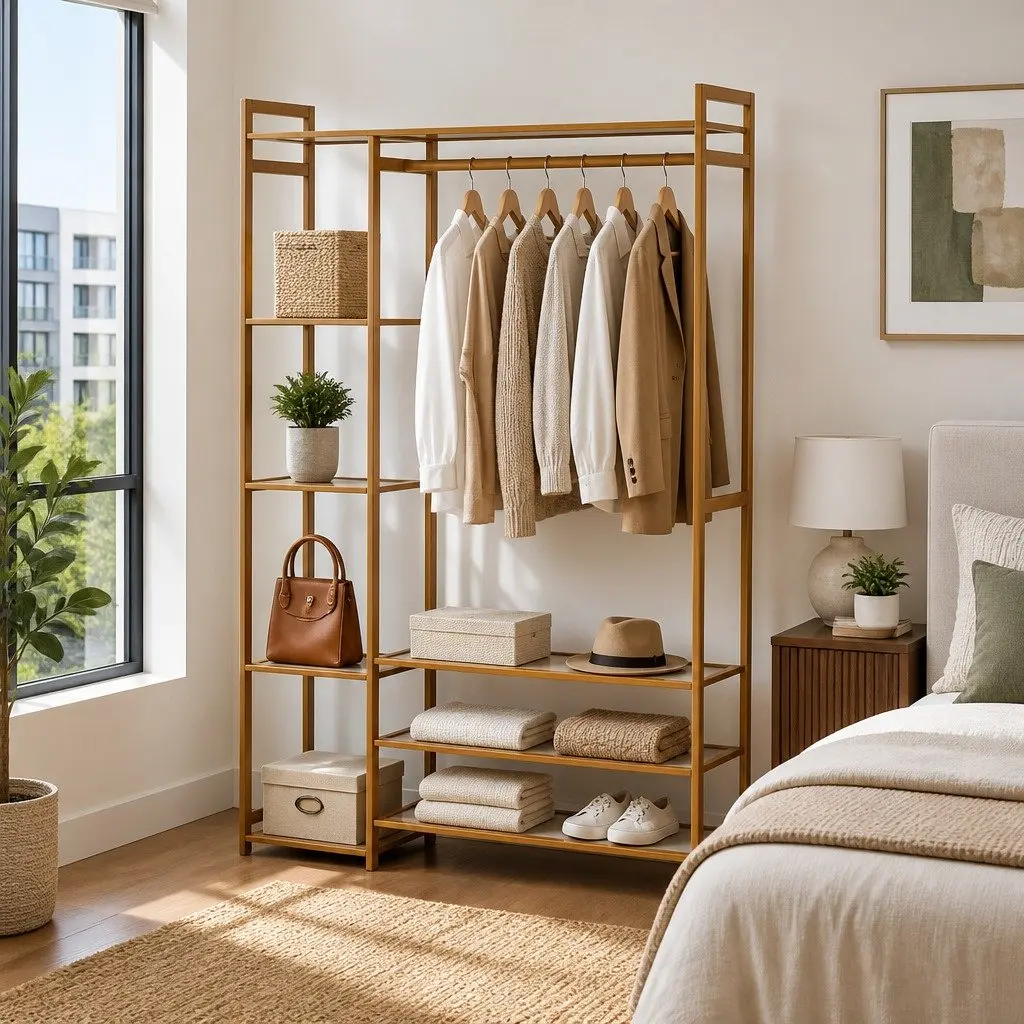 Garment Rack Bamboo Adjustable Shelves and Hanging Rail Coat Stand White 110cm x 30cm x 150cm