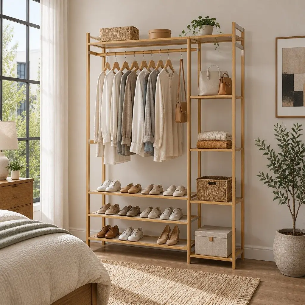Garment Rack Bamboo Adjustable Shelves and Hanging Rail Coat Stand White 110cm x 30cm x 150cm