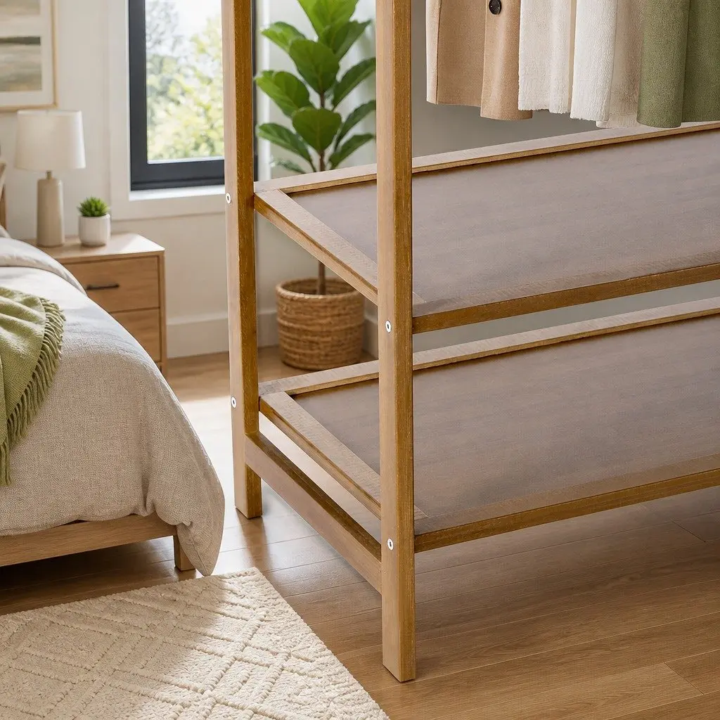Garment Rack Bamboo Adjustable Shelves and Hanging Rail Coat Stand White 110cm x 30cm x 150cm