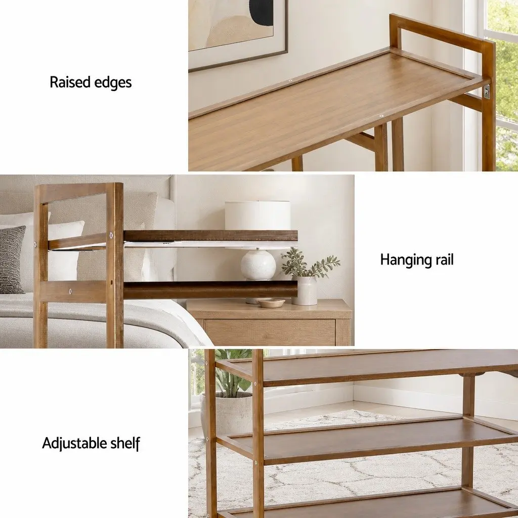 Garment Rack Bamboo Adjustable Shelves and Hanging Rail Coat Stand White 110cm x 30cm x 150cm