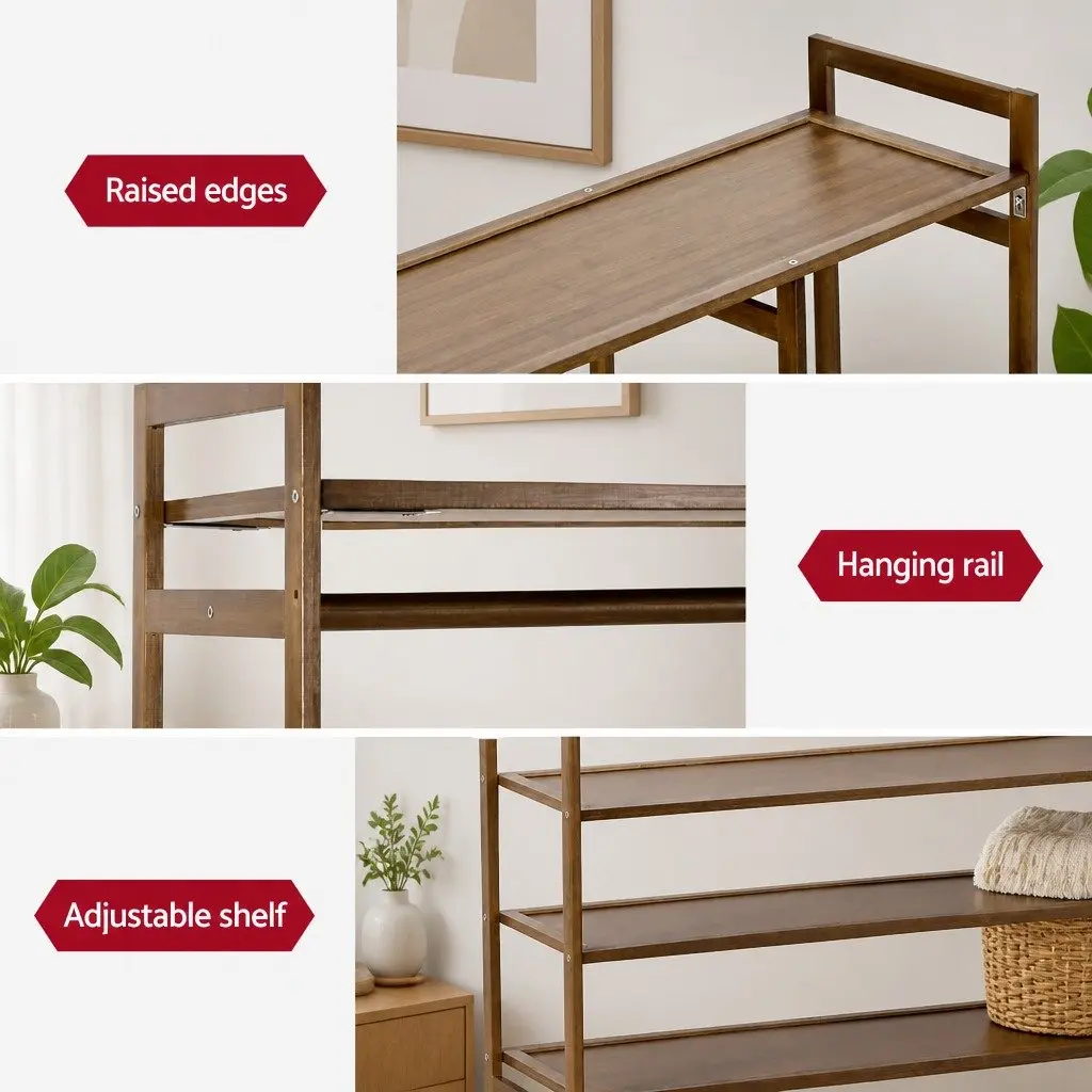 Garment Rack Bamboo Adjustable Shelves and Hanging Rail Coat Stand White 110cm x 30cm x 150cm