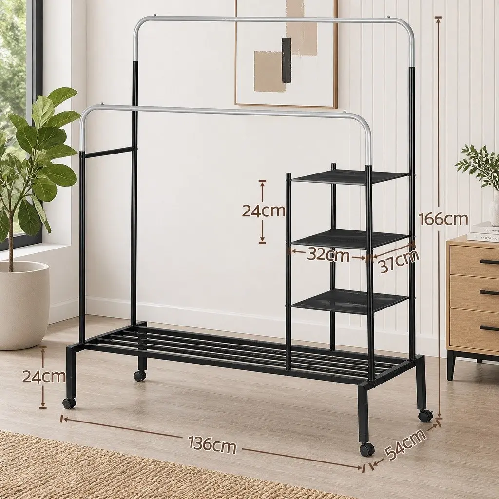 Double Rod Clothes Rack Coat Stand Hanger Airer Storage Shelf 4-in-1 Organizer