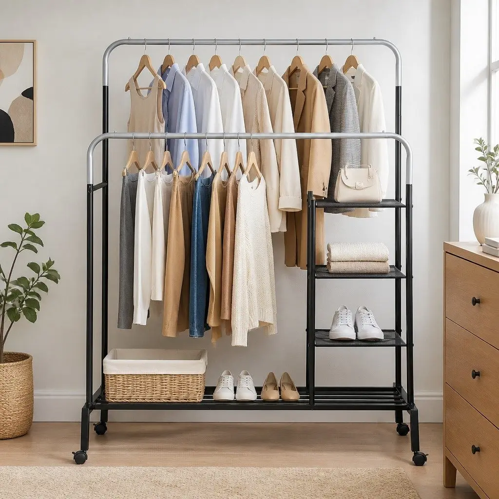 Double Rod Clothes Rack Coat Stand Hanger Airer Storage Shelf 4-in-1 Organizer