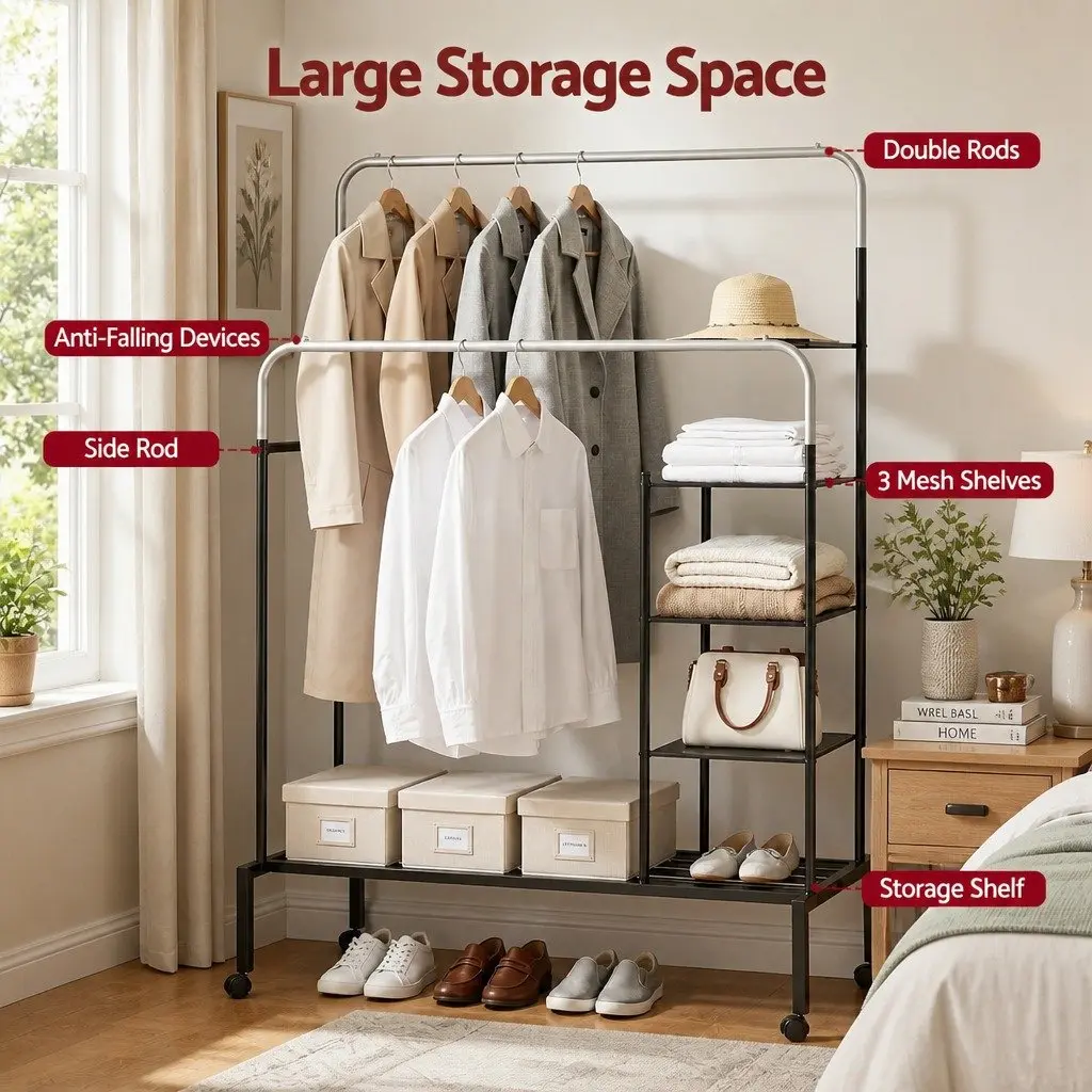 Double Rod Clothes Rack Coat Stand Hanger Airer Storage Shelf 4-in-1 Organizer