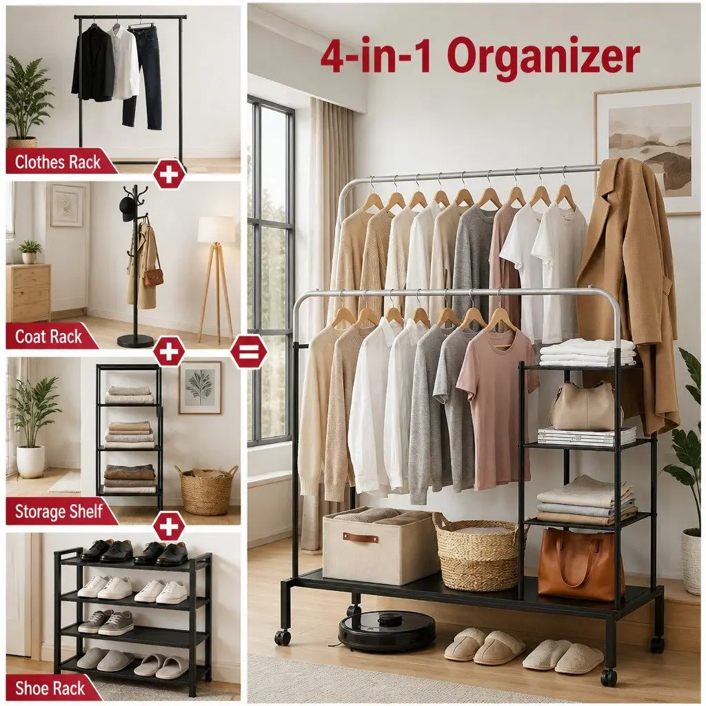 Double Rod Clothes Rack Coat Stand Hanger Airer Storage Shelf 4-in-1 Organizer