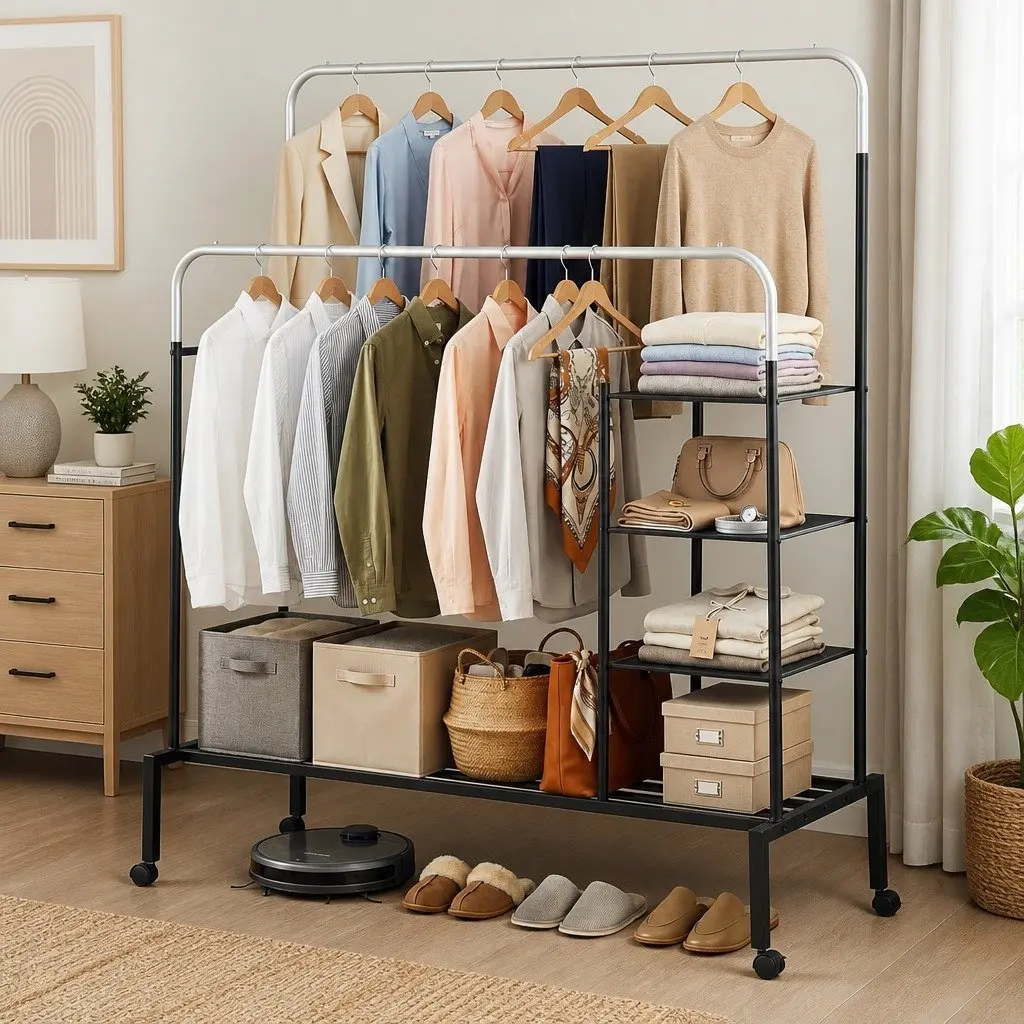 Double Rod Clothes Rack Coat Stand Hanger Airer Storage Shelf 4-in-1 Organizer