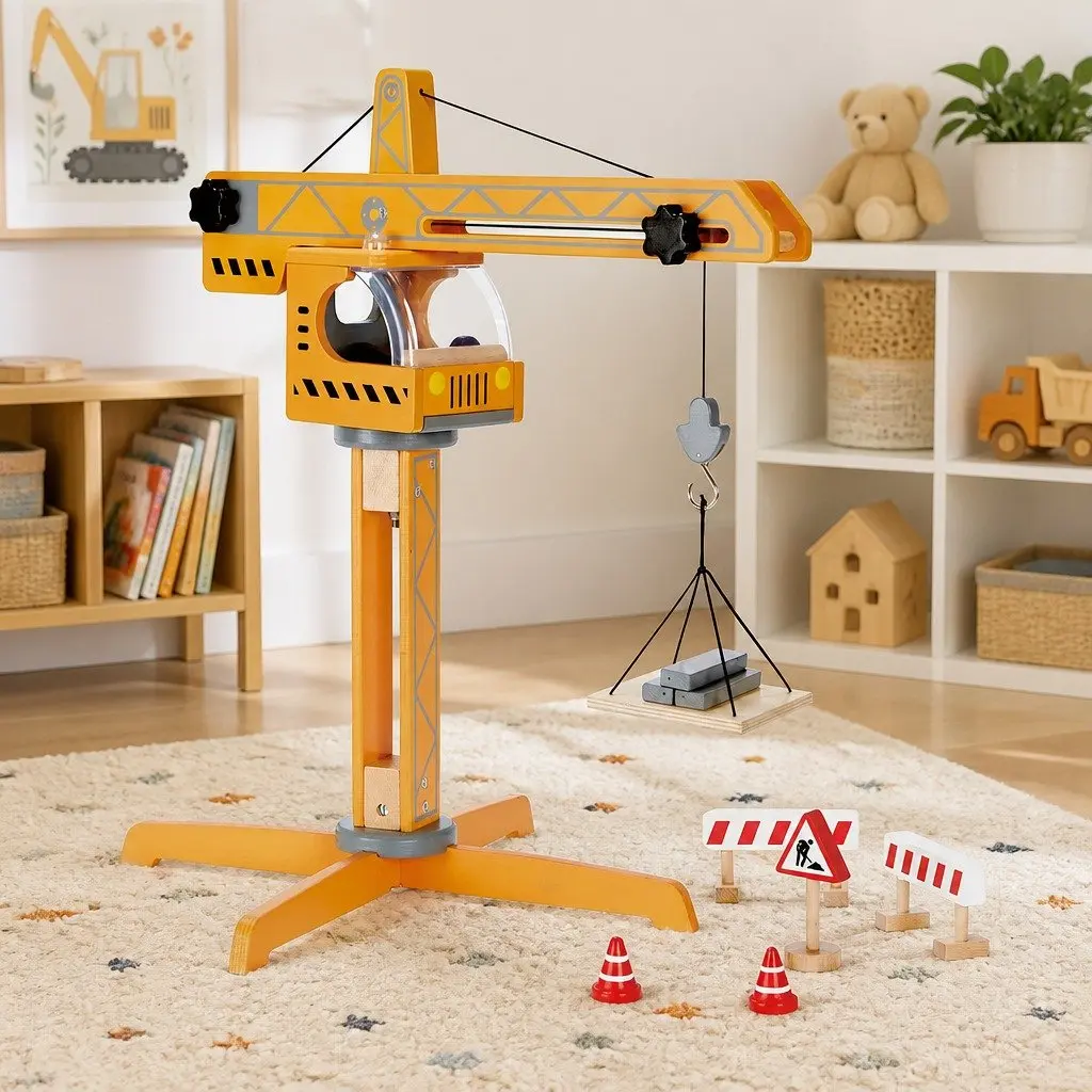 Crane Lift Playset Wooden Construction 10 Piece Toy with Working Winch and Rotating Arm
