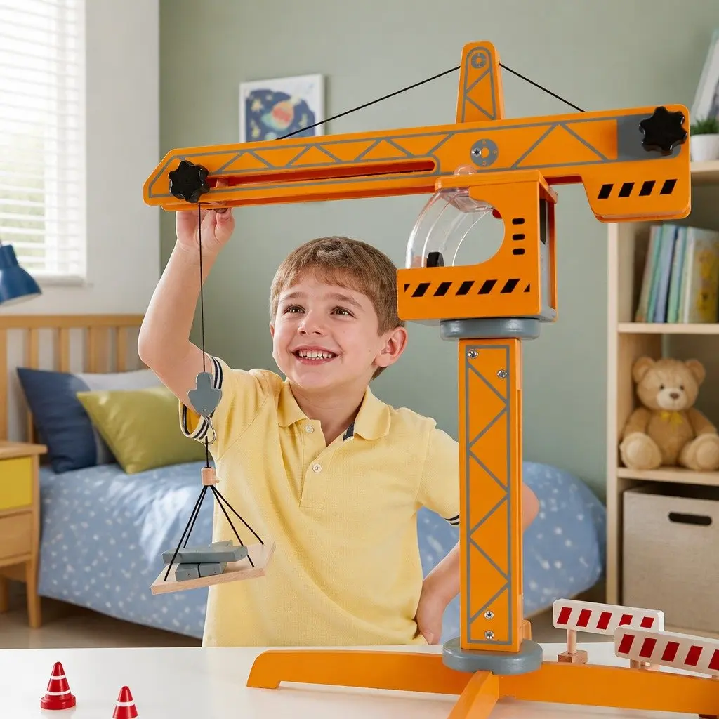 Crane Lift Playset Wooden Construction 10 Piece Toy with Working Winch and Rotating Arm