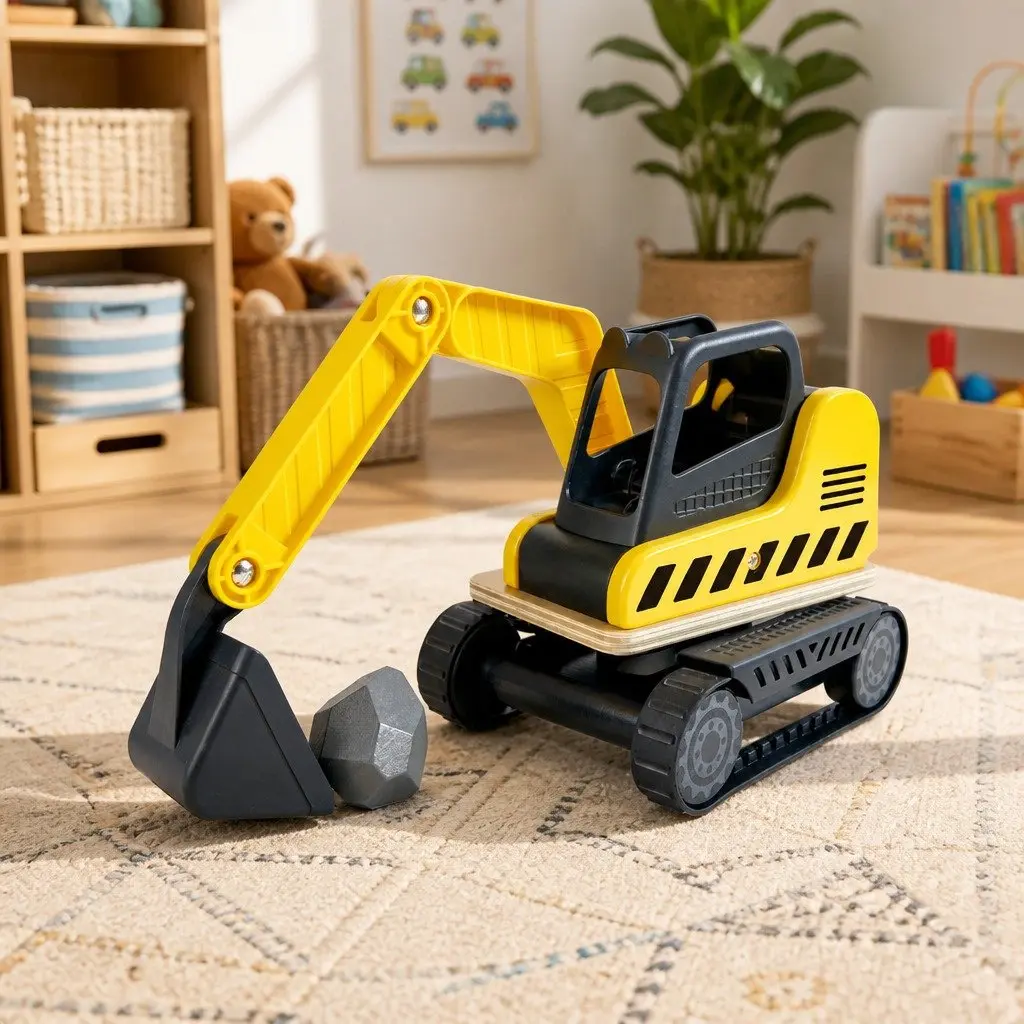 Excavator Toy Wooden Construction Vehicle Digger Arm Smooth Rolling Wheels