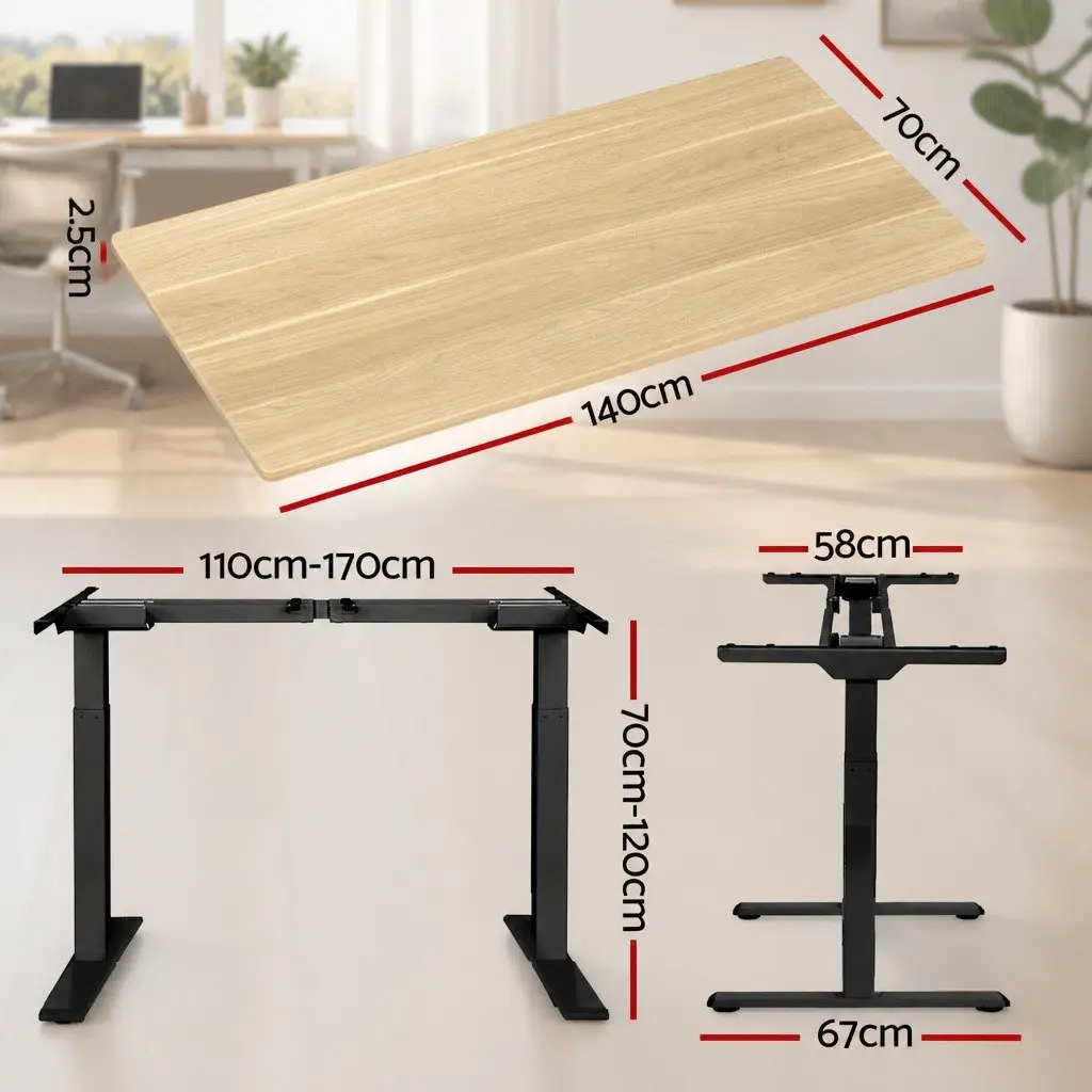 Motorised Desk Frame Dual Motor Adjustable Height Oak Desktop 140cm Black Metal