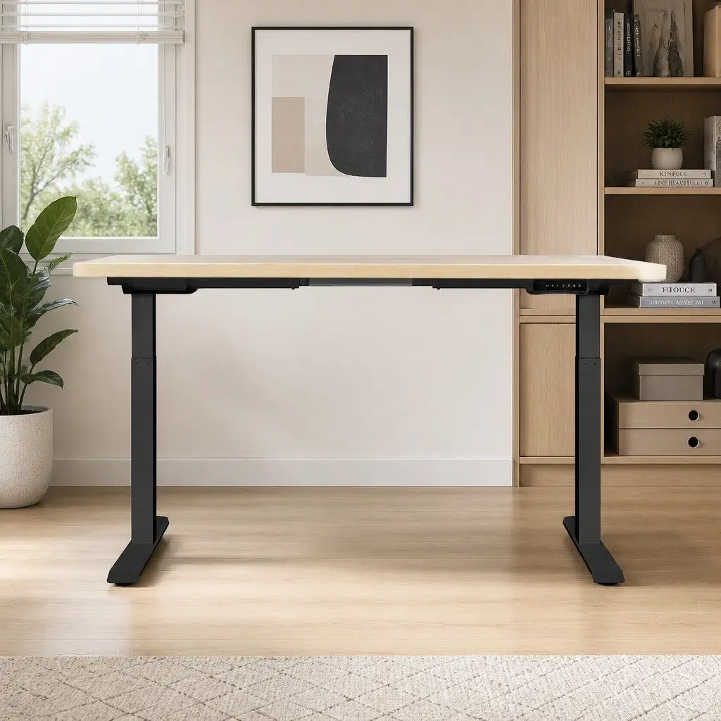 Motorised Desk Frame Dual Motor Adjustable Height Oak Desktop 140cm Black Metal