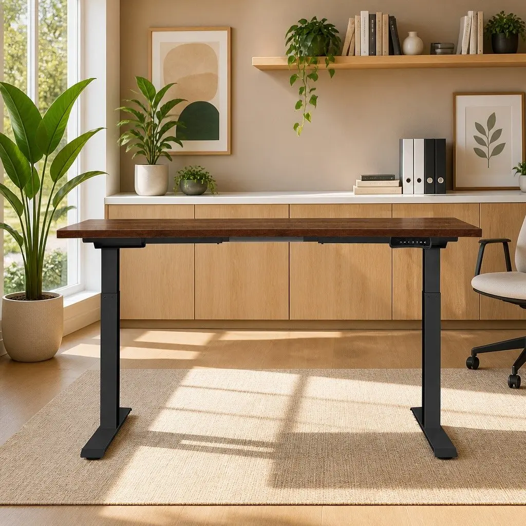 Height Adjustable Desk Frame Dual Motor 140cm Rustic Brown Particle Board Office Furniture