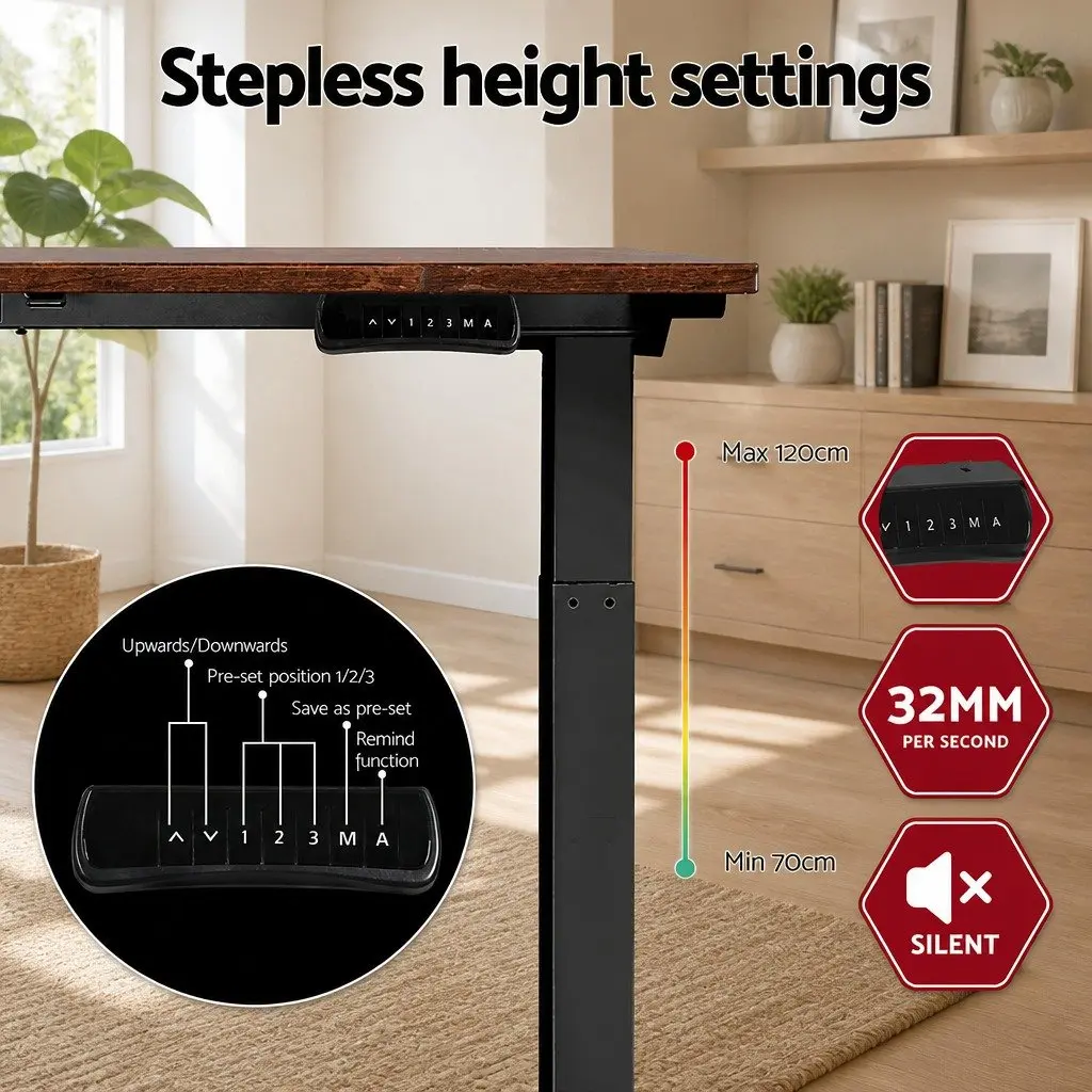 Height Adjustable Desk Frame Dual Motor 140cm Rustic Brown Particle Board Office Furniture