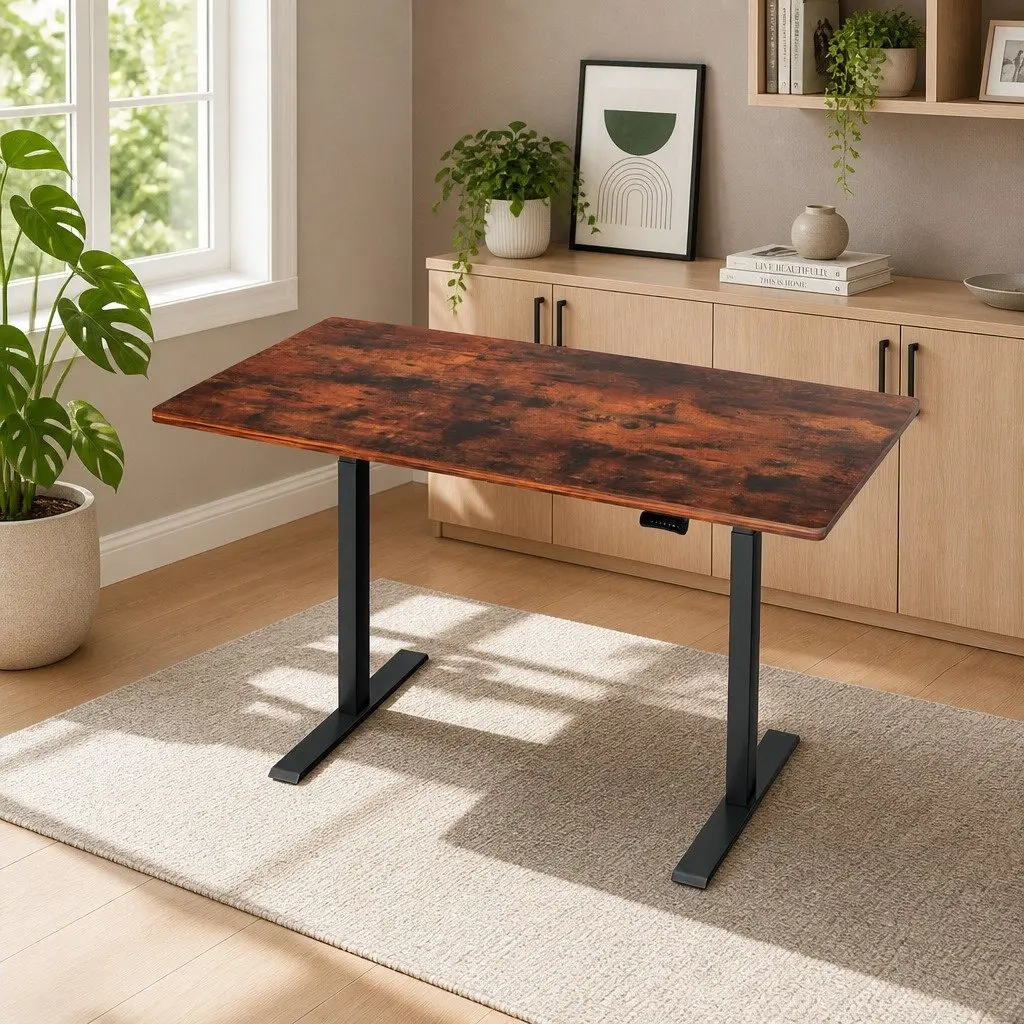 Height Adjustable Desk Frame Dual Motor 140cm Rustic Brown Particle Board Office Furniture