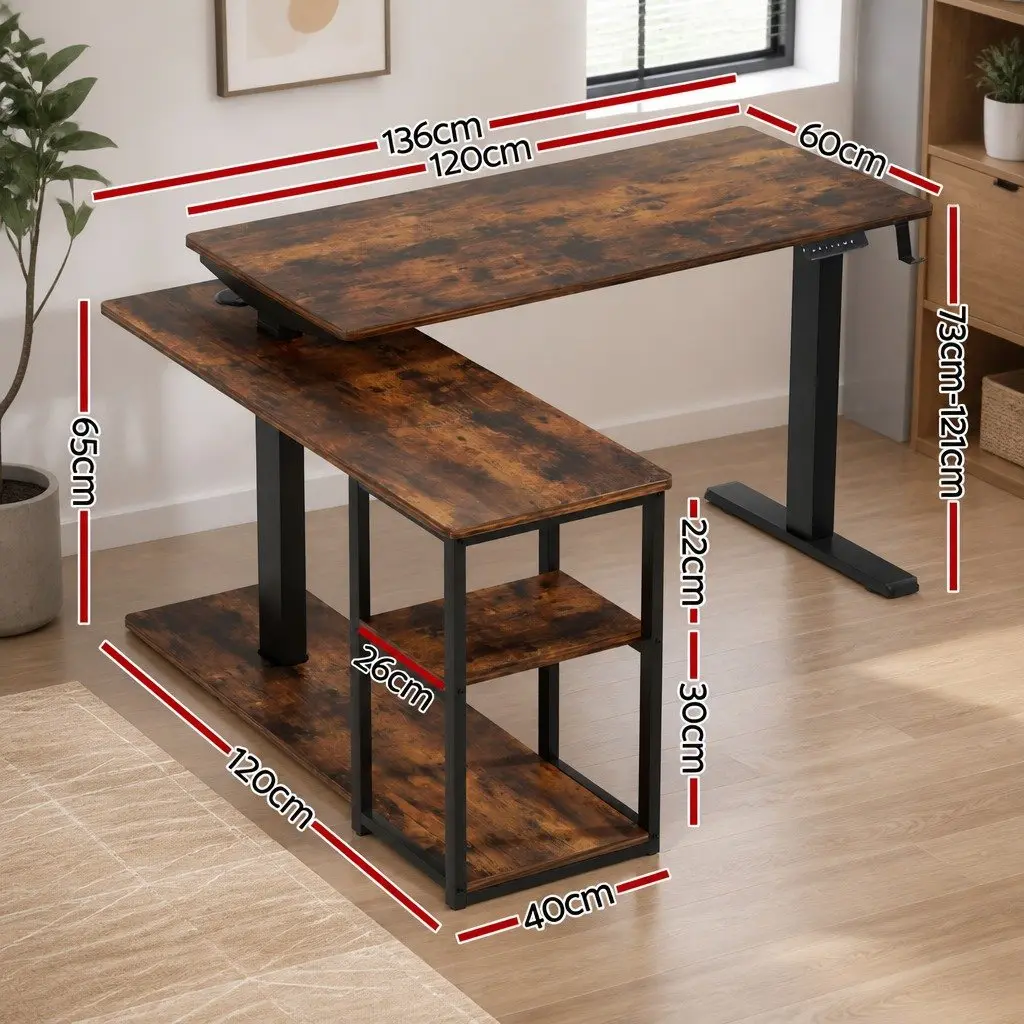 Electric Standing Desk L-Shaped Motorised Adjustable Height Walnut or Rustic Brown 120 x 120 cm