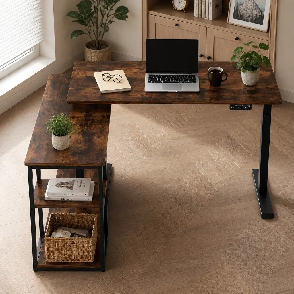 Electric Standing Desk L-Shaped Motorised Adjustable Height Walnut or Rustic Brown 120 x 120 cm