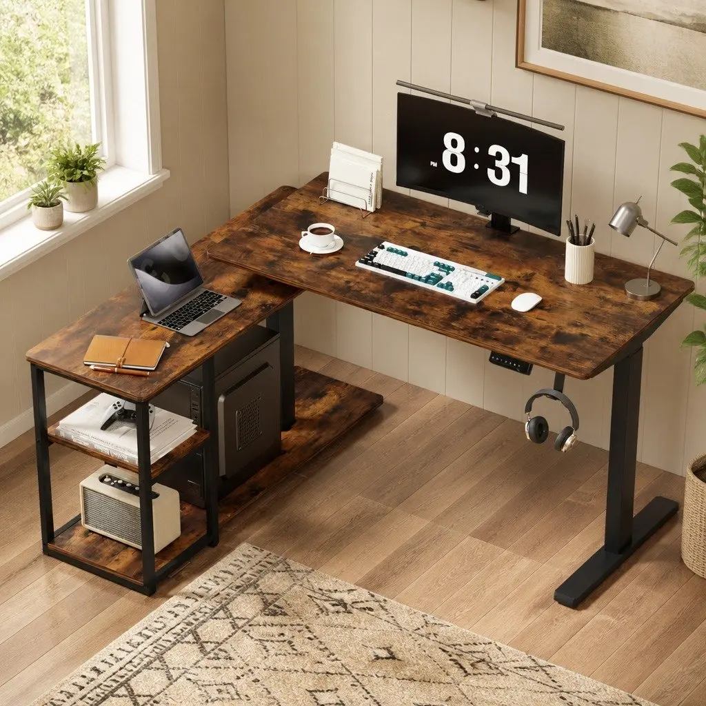 Electric Standing Desk L-Shaped Motorised Adjustable Height Walnut or Rustic Brown 120 x 120 cm