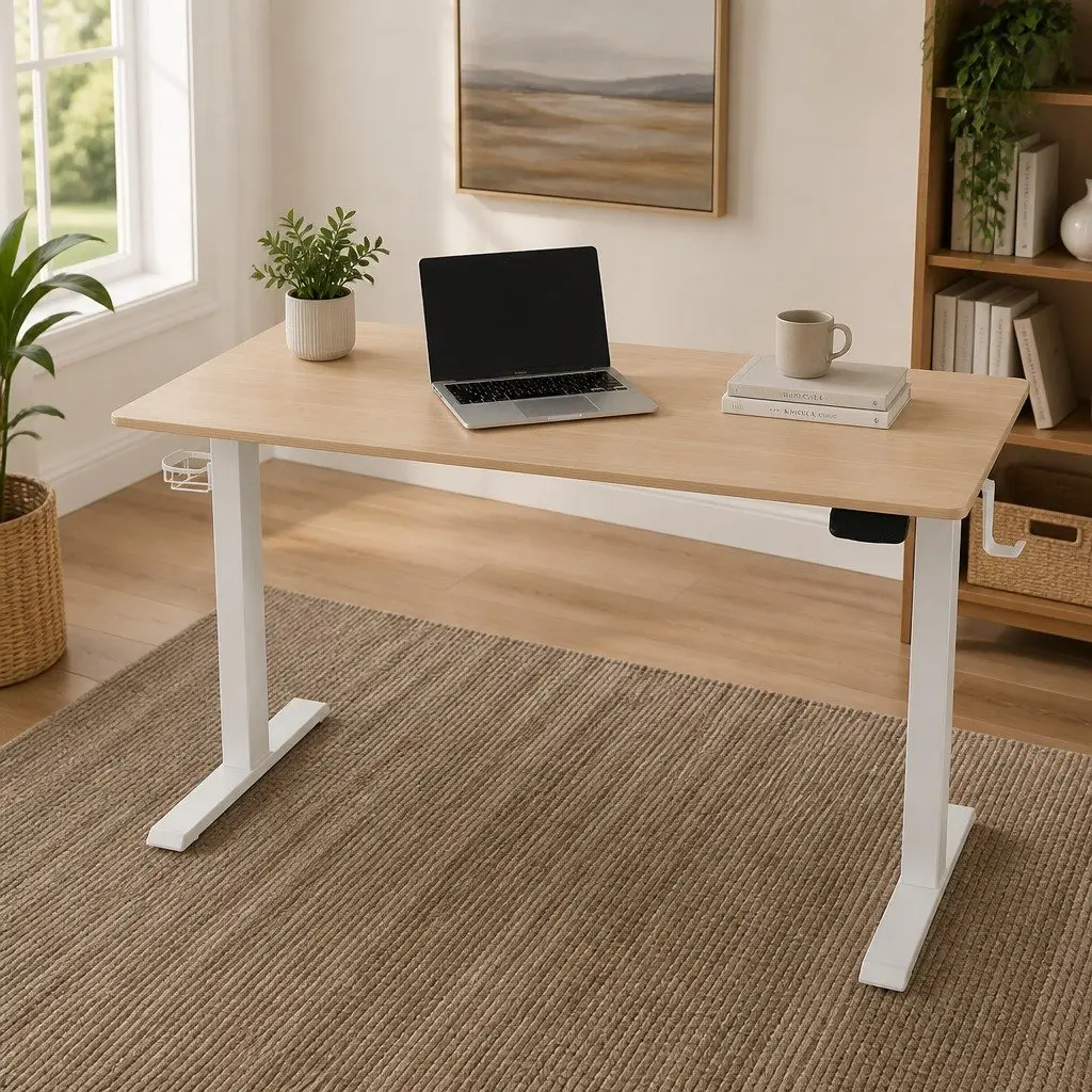 Electric Sit Stand Desk Height Adjustable Workstation Oak 140CM White Frame
