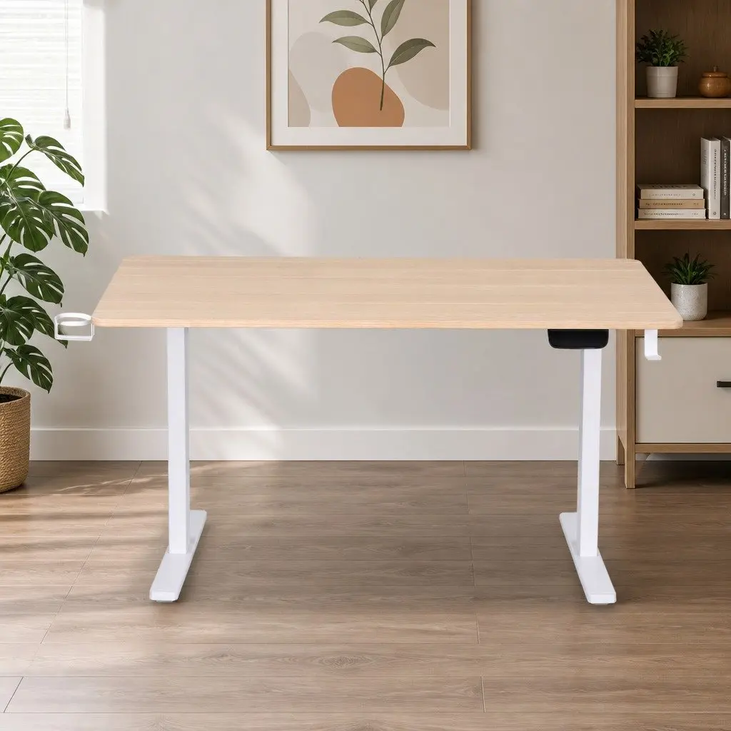 Electric Sit Stand Desk Height Adjustable Workstation Oak 140CM White Frame