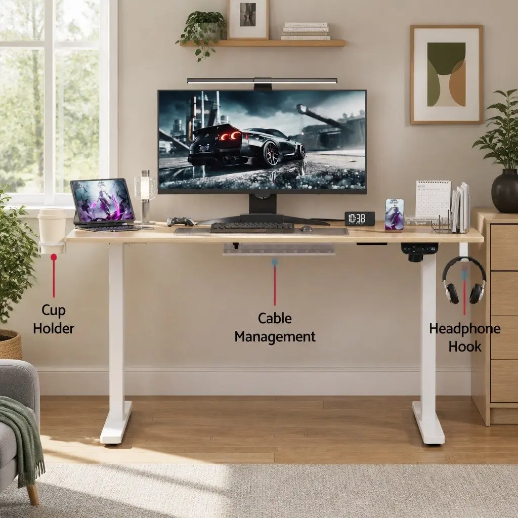 Electric Sit Stand Desk Height Adjustable Workstation Oak 140CM White Frame
