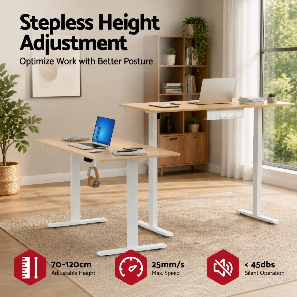 Electric Sit Stand Desk Height Adjustable Workstation Oak 140CM White Frame