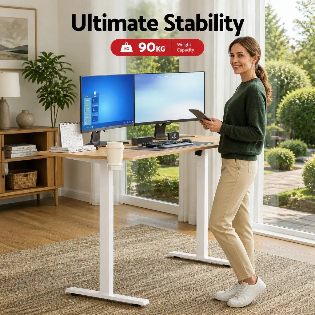 Electric Sit Stand Desk Height Adjustable Workstation Oak 140CM White Frame