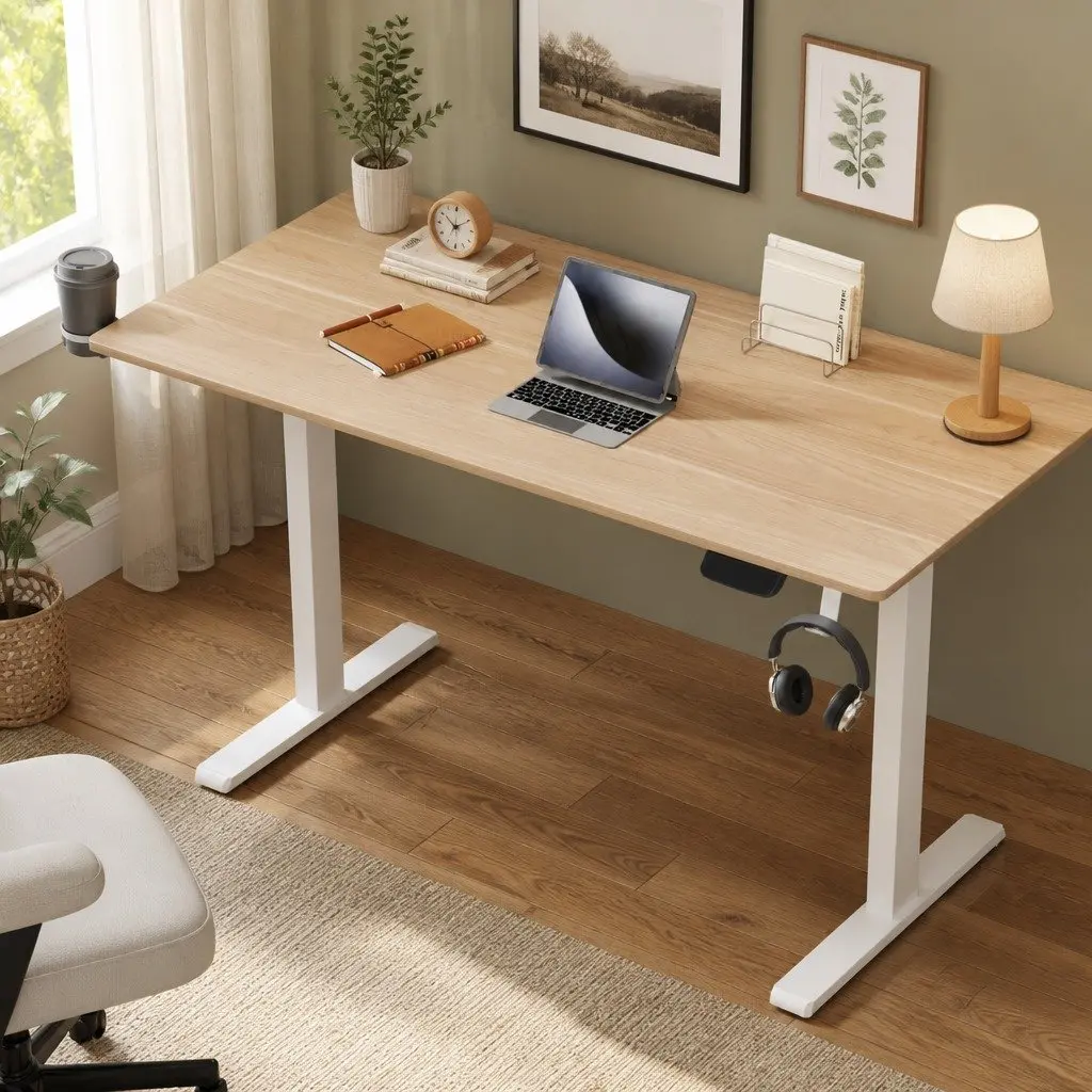 Electric Sit Stand Desk Height Adjustable Workstation Oak 140CM White Frame