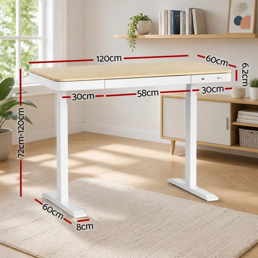 Sit Stand Desk Height Adjustable Motorised Walnut 120cm with Storage Drawer and USB Ports