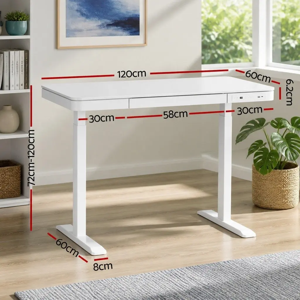 Motorised Electric Desk Height Adjustable 120cm Office Desk White with Drawer