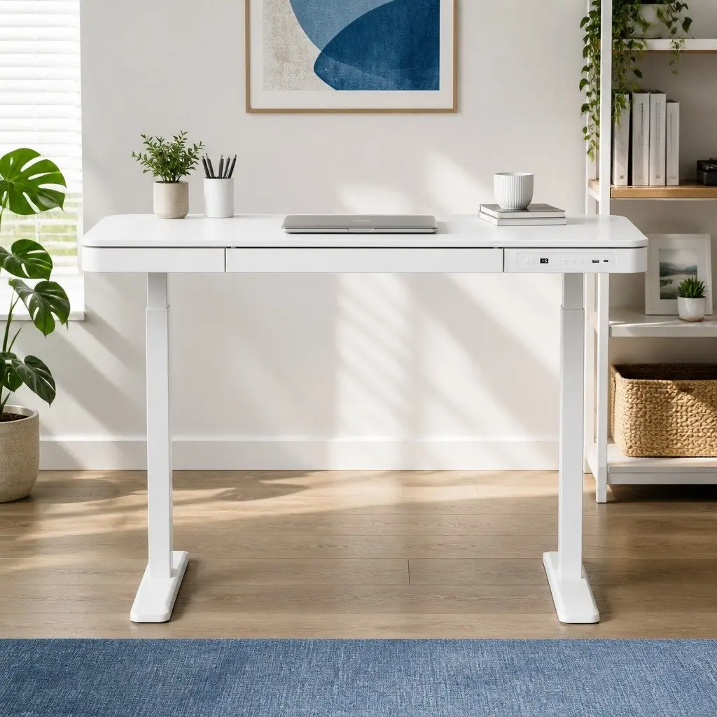 Motorised Electric Desk Height Adjustable 120cm Office Desk White with Drawer