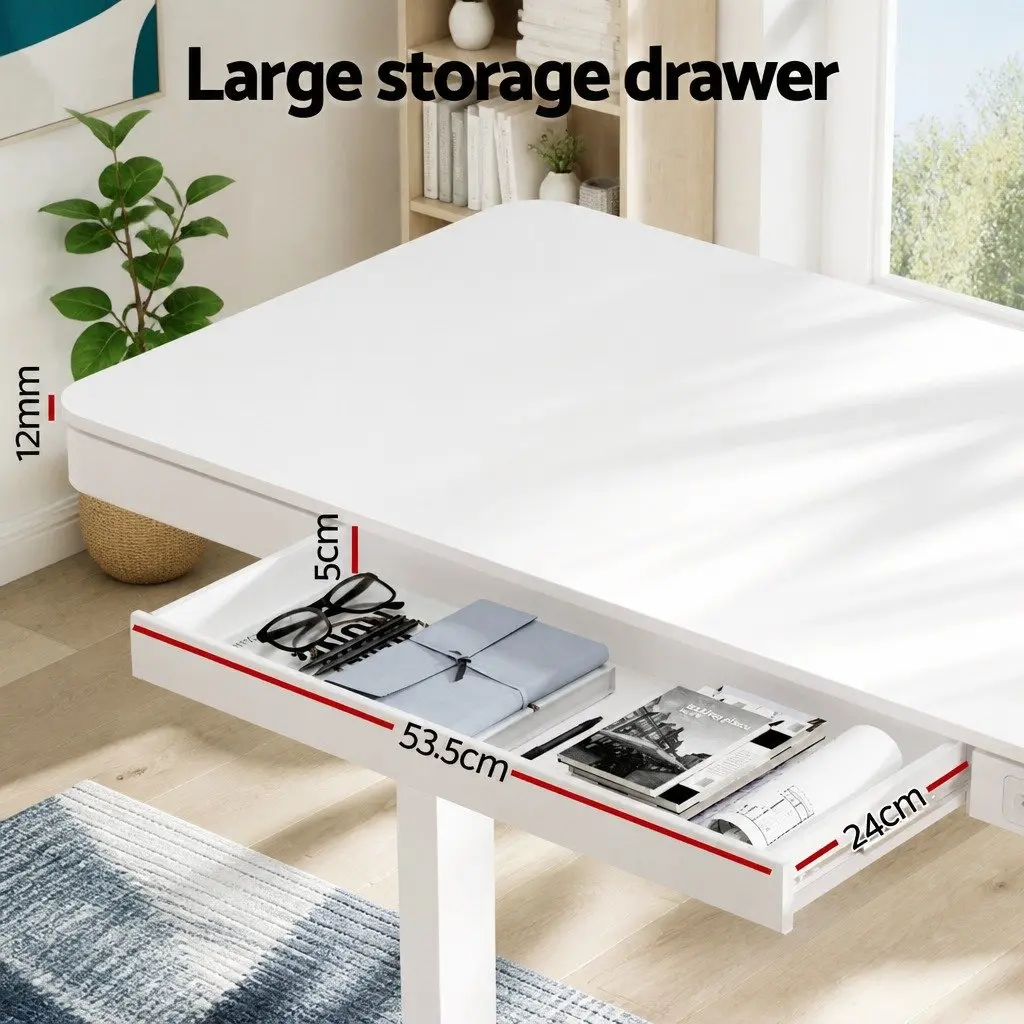 Motorised Electric Desk Height Adjustable 120cm Office Desk White with Drawer