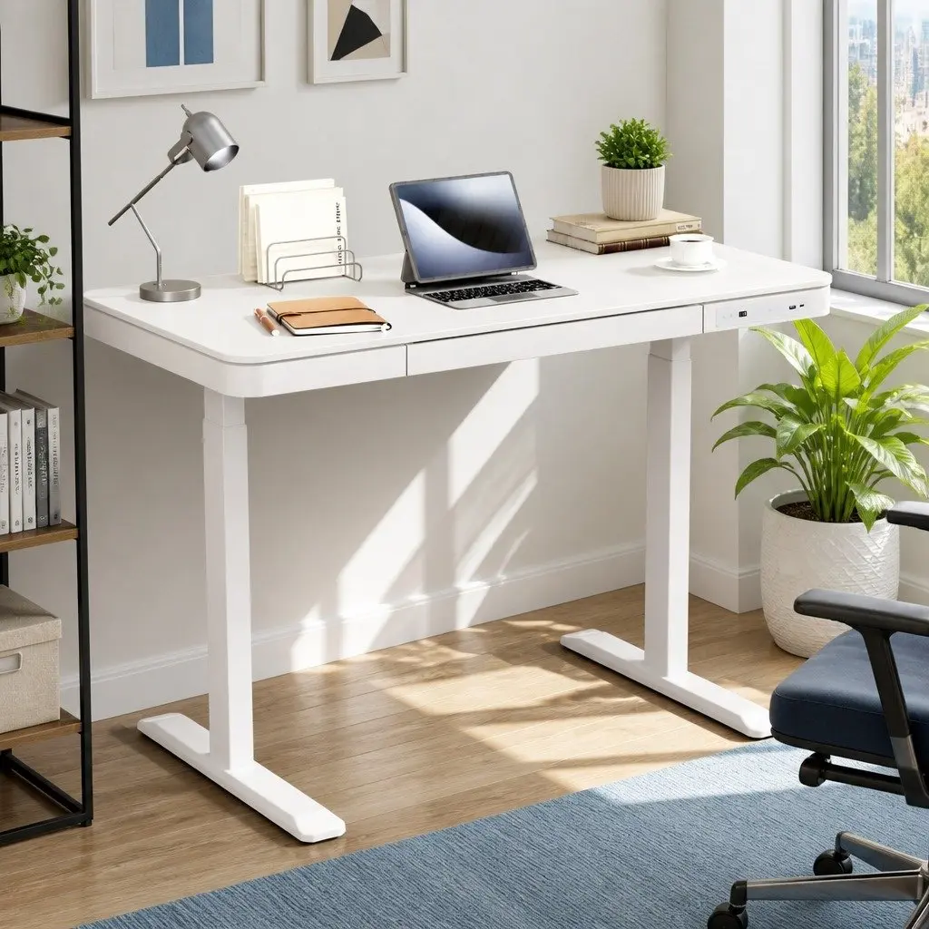 Motorised Electric Desk Height Adjustable 120cm Office Desk White with Drawer