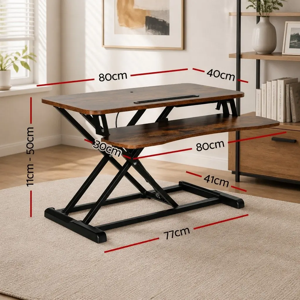 Standing Desk Riser Height Adjustable 2-Tier Keyboard Tray Sit Stand Brown 80CM