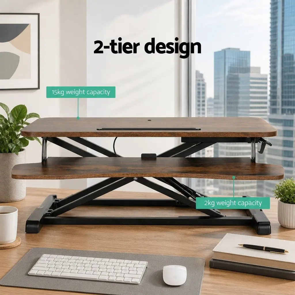 Standing Desk Riser Height Adjustable 2-Tier Keyboard Tray Sit Stand Brown 80CM