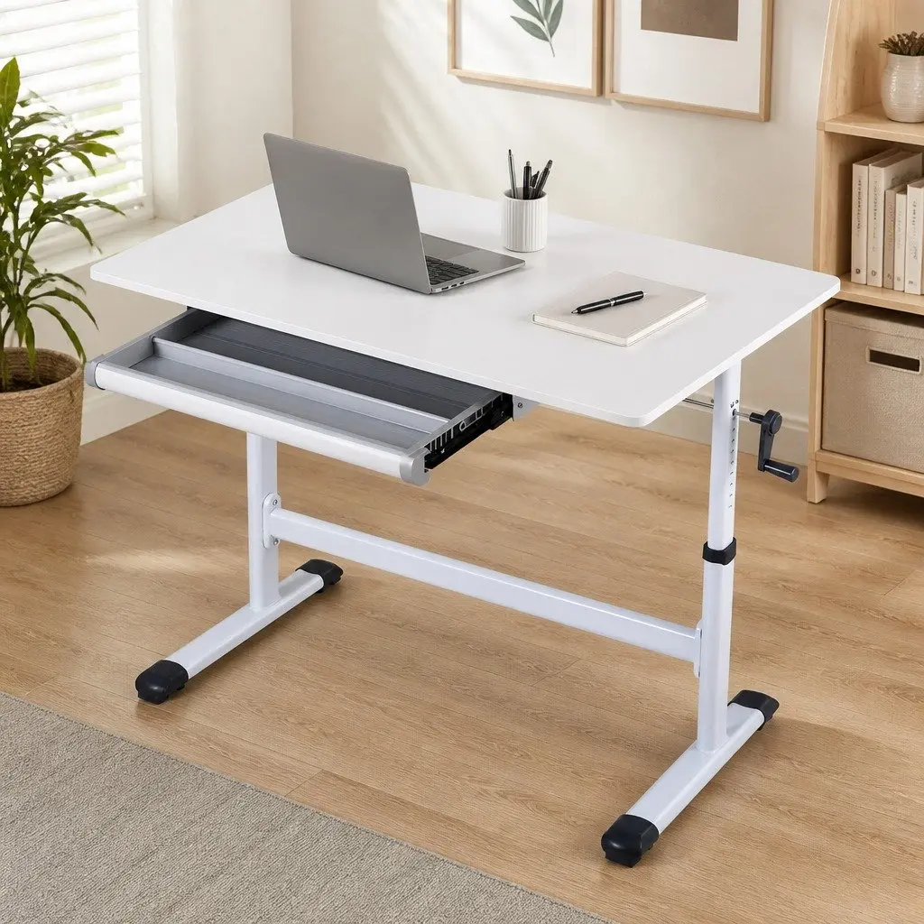 Height Adjustable Standing Desk MDF Board 100CM White Computer Study Table