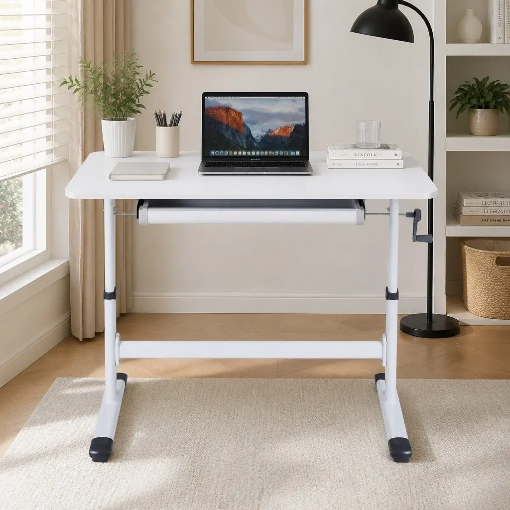 Height Adjustable Standing Desk MDF Board 100CM White Computer Study Table
