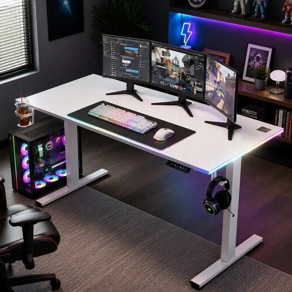 Electric Standing Desk Height Adjustable Gaming Office Workstation 140cm White