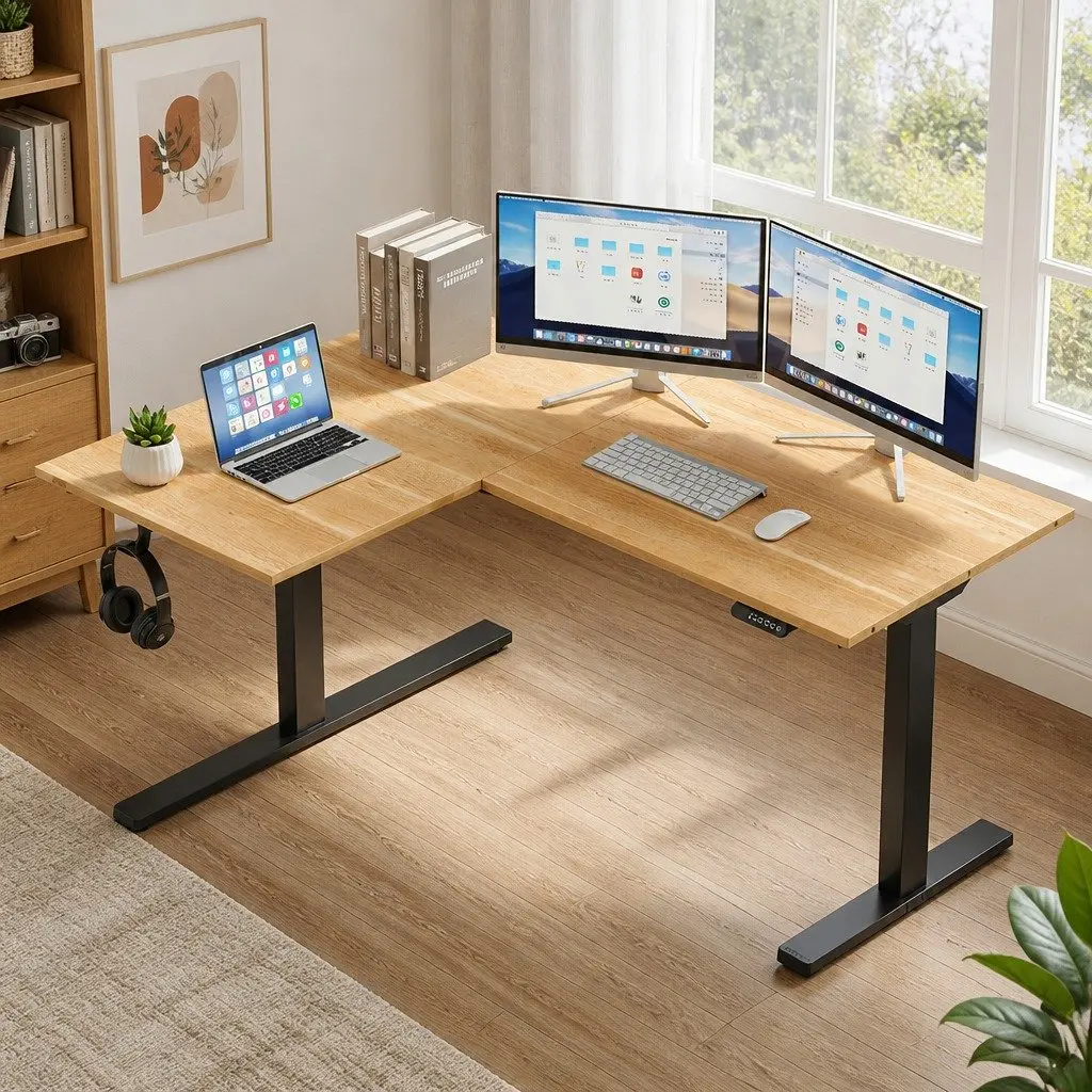 L-Shape Electric Standing Desk Motorised Dual Motor Height Adjustable 72 to 121cm Oak Black