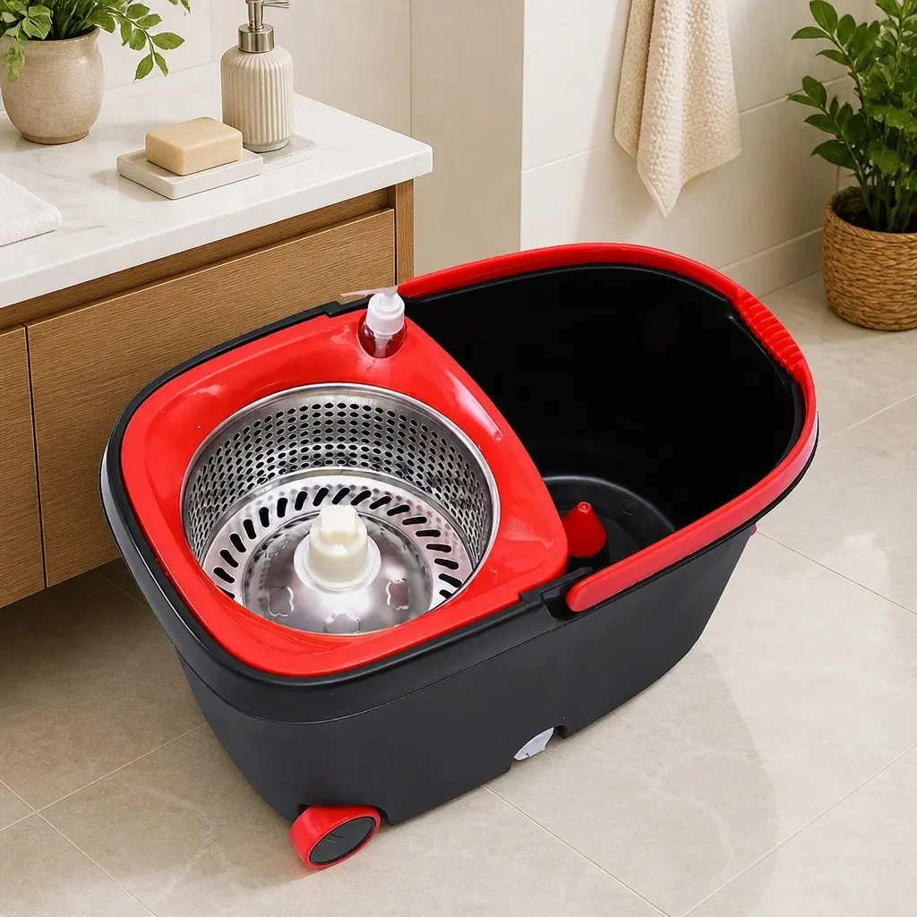 Mop Bucket Set Microfibre 360 Degree Rotatable Head Two Compartment Black and Red or Green