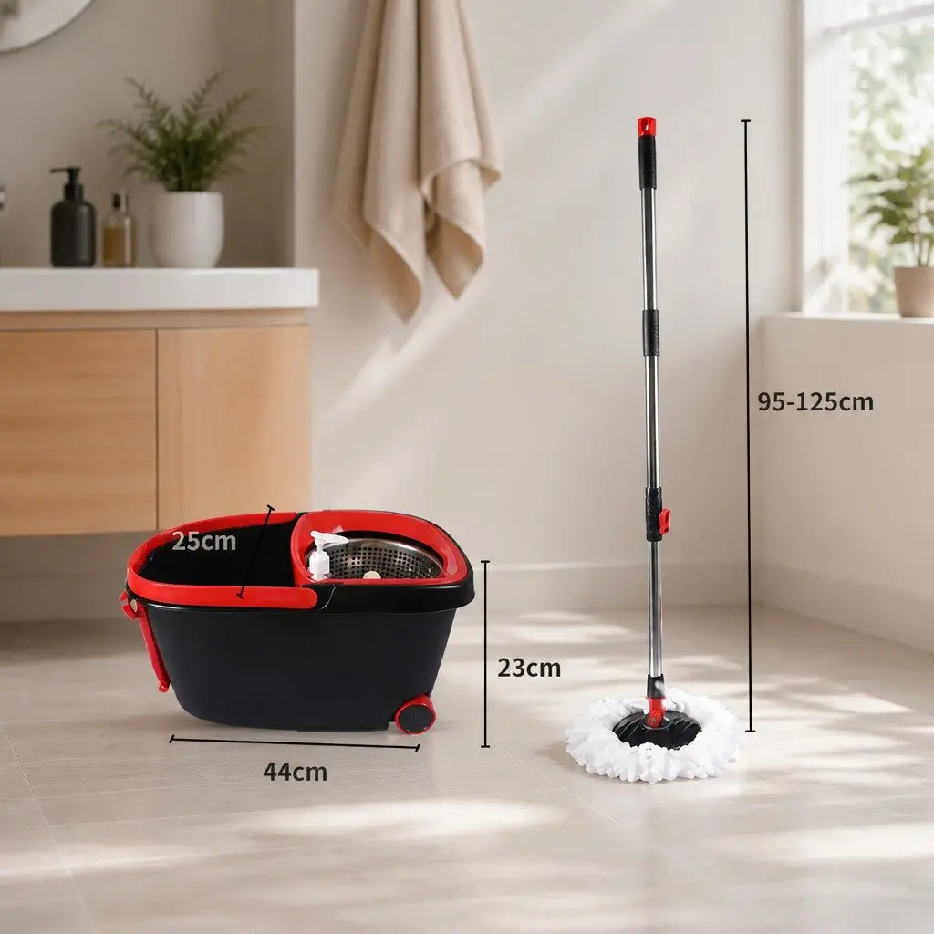Mop Bucket Set Microfibre 360 Degree Rotatable Head Two Compartment Black and Red or Green