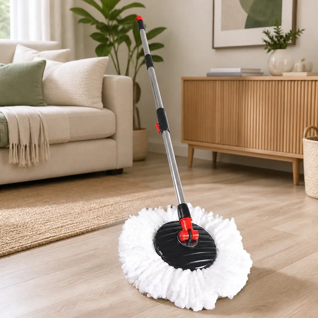 Mop Bucket Set Microfibre 360 Degree Rotatable Head Two Compartment Black and Red or Green