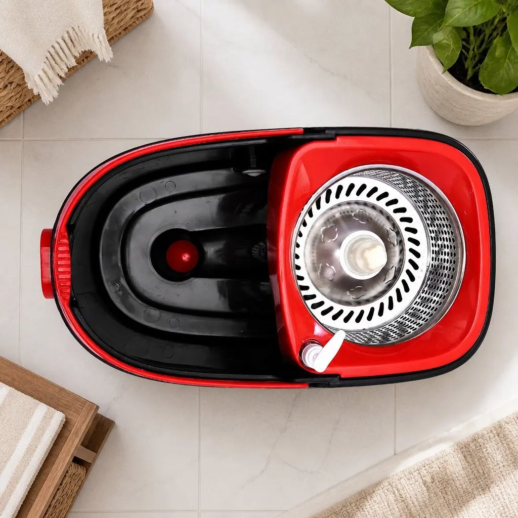 Mop Bucket Set Microfibre 360 Degree Rotatable Head Two Compartment Black and Red or Green