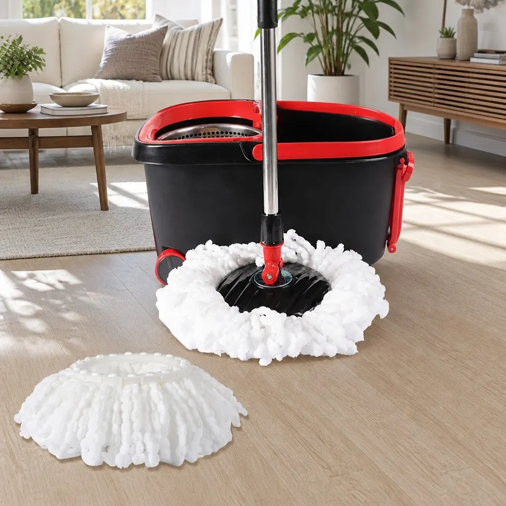 Mop Bucket Set Microfibre 360 Degree Rotatable Head Two Compartment Black and Red or Green