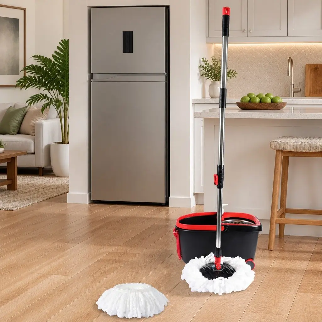 Mop Bucket Set Microfibre 360 Degree Rotatable Head Two Compartment Black and Red or Green