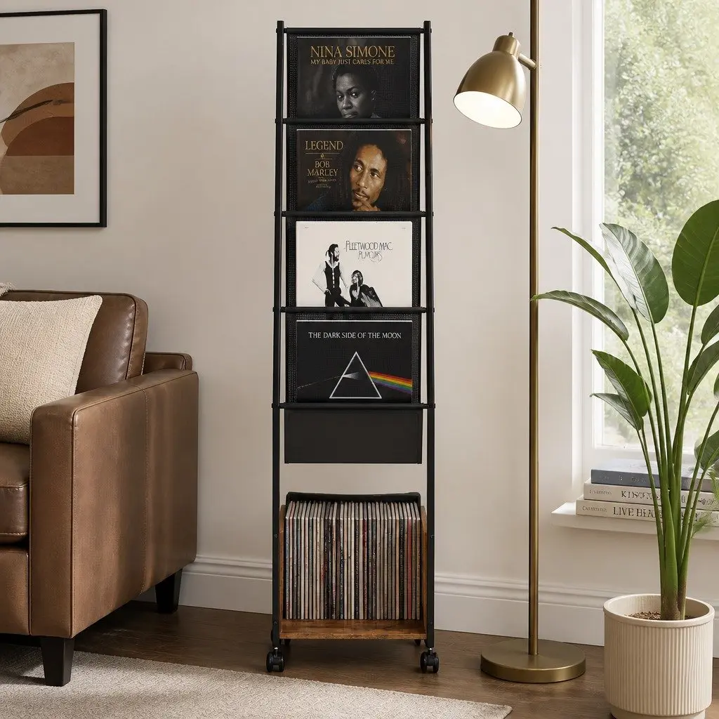4TierVinylRecordStorageStandWithNonWovenDrawersBottomShelfBrownBlack